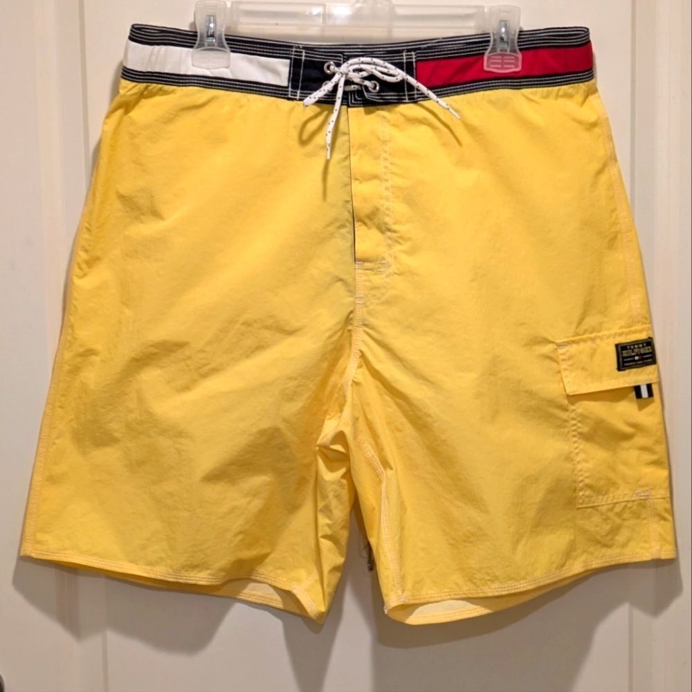 3/$30 EUC 90s Tommy Hilfiger L Swim Trunks w Iconic Red and White Waistband